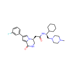 CN1CCN(C[C@@H](NC(=O)C[C@H]2CNC(=O)c3cc(-c4cccc(F)c4)cn32)C2CCCCC2)CC1 ZINC000169325498