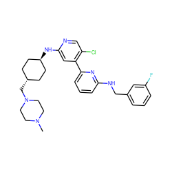 CN1CCN(C[C@H]2CC[C@H](Nc3cc(-c4cccc(NCc5cccc(F)c5)n4)c(Cl)cn3)CC2)CC1 ZINC000261105678