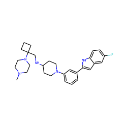 CN1CCN(C2(CNC3CCN(c4cccc(-c5cc6cc(F)ccc6[nH]5)c4)CC3)CCC2)CC1 ZINC000618009200