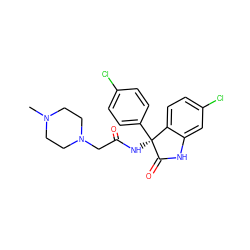 CN1CCN(CC(=O)N[C@@]2(c3ccc(Cl)cc3)C(=O)Nc3cc(Cl)ccc32)CC1 ZINC000095552038