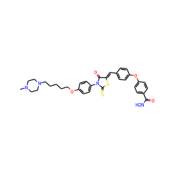 CN1CCN(CCCCCOc2ccc(N3C(=O)/C(=C/c4ccc(Oc5ccc(C(N)=O)cc5)cc4)SC3=S)cc2)CC1 ZINC000084688386