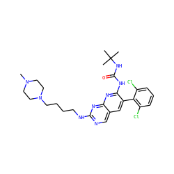 CN1CCN(CCCCNc2ncc3cc(-c4c(Cl)cccc4Cl)c(NC(=O)NC(C)(C)C)nc3n2)CC1 ZINC000021289517