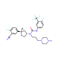 CN1CCN(CCCN(C(=O)Nc2ccc(F)c(C(F)(F)F)c2)[C@@H]2CC[C@]3(c4ccc(F)c(C#N)c4)C[C@H]23)CC1 ZINC000036351516