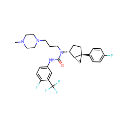 CN1CCN(CCCN(C(=O)Nc2ccc(F)c(C(F)(F)F)c2)[C@@H]2CC[C@]3(c4ccc(F)cc4)C[C@H]23)CC1 ZINC000028572586