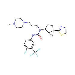 CN1CCN(CCCN(C(=O)Nc2ccc(F)c(C(F)(F)F)c2)[C@@H]2CC[C@]3(c4nccs4)C[C@H]23)CC1 ZINC000036351538