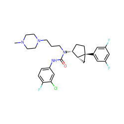 CN1CCN(CCCN(C(=O)Nc2ccc(F)c(Cl)c2)[C@@H]2CC[C@]3(c4cc(F)cc(F)c4)C[C@H]23)CC1 ZINC000022935429