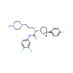 CN1CCN(CCCN(C(=O)Nc2ccc(F)c(Cl)c2)[C@@H]2CC[C@]3(c4ccc(F)cc4)C[C@H]23)CC1 ZINC000036351574