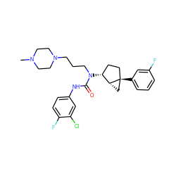 CN1CCN(CCCN(C(=O)Nc2ccc(F)c(Cl)c2)[C@@H]2CC[C@]3(c4cccc(F)c4)C[C@H]23)CC1 ZINC000022935412