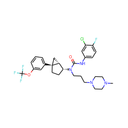 CN1CCN(CCCN(C(=O)Nc2ccc(F)c(Cl)c2)[C@@H]2CC[C@]3(c4cccc(OC(F)(F)F)c4)C[C@H]23)CC1 ZINC000028572439