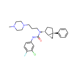 CN1CCN(CCCN(C(=O)Nc2ccc(F)c(Cl)c2)[C@@H]2CC[C@]3(c4ccccc4)C[C@H]23)CC1 ZINC000022935398