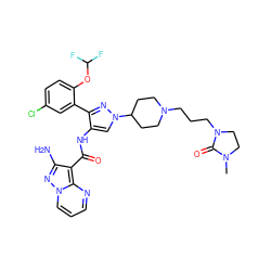 CN1CCN(CCCN2CCC(n3cc(NC(=O)c4c(N)nn5cccnc45)c(-c4cc(Cl)ccc4OC(F)F)n3)CC2)C1=O ZINC001772605123