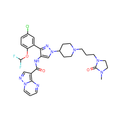 CN1CCN(CCCN2CCC(n3cc(NC(=O)c4cnn5cccnc45)c(-c4cc(Cl)ccc4OC(F)F)n3)CC2)C1=O ZINC001772593249