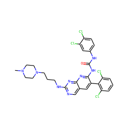 CN1CCN(CCCNc2ncc3cc(-c4c(Cl)cccc4Cl)c(NC(=O)Nc4ccc(Cl)c(Cl)c4)nc3n2)CC1 ZINC000029553899