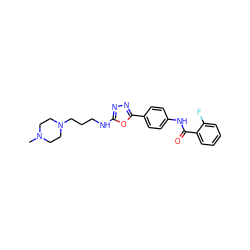 CN1CCN(CCCNc2nnc(-c3ccc(NC(=O)c4ccccc4F)cc3)o2)CC1 ZINC000084632312