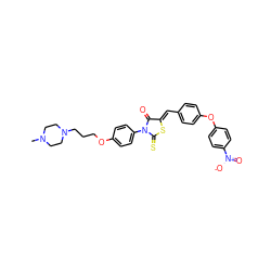 CN1CCN(CCCOc2ccc(N3C(=O)/C(=C/c4ccc(Oc5ccc([N+](=O)[O-])cc5)cc4)SC3=S)cc2)CC1 ZINC000205105946