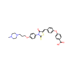 CN1CCN(CCCOc2ccc(N3C(=O)/C(=C/c4ccc(Oc5ccc(C(=O)O)cc5)cc4)SC3=S)cc2)CC1 ZINC000653697071