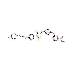 CN1CCN(CCCOc2ccc(N3C(=O)/C(=C/c4ccc(Oc5cccc(C(N)=O)c5)cc4)SC3=S)cc2)CC1 ZINC000084703514