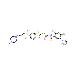 CN1CCN(CCCS(=O)(=O)c2ccc3nc(NC(=O)NC(=O)c4cc(-n5cccn5)c(Cl)cc4Cl)sc3c2)CC1 ZINC000163995930