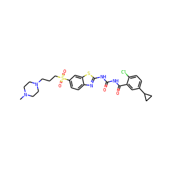 CN1CCN(CCCS(=O)(=O)c2ccc3nc(NC(=O)NC(=O)c4cc(C5CC5)ccc4Cl)sc3c2)CC1 ZINC000117116049