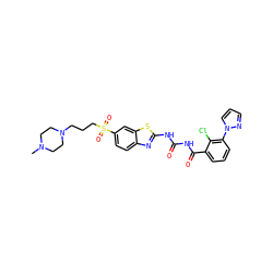 CN1CCN(CCCS(=O)(=O)c2ccc3nc(NC(=O)NC(=O)c4cccc(-n5cccn5)c4Cl)sc3c2)CC1 ZINC000117111383