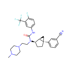 CN1CCN(CCN(C(=O)Nc2ccc(F)c(C(F)(F)F)c2)[C@@H]2CC[C@]3(c4cccc(C#N)c4)C[C@H]23)CC1 ZINC000028572727