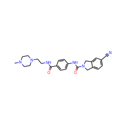 CN1CCN(CCNC(=O)c2ccc(NC(=O)N3Cc4ccc(C#N)cc4C3)cc2)CC1 ZINC000165968105