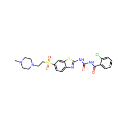 CN1CCN(CCS(=O)(=O)c2ccc3nc(NC(=O)NC(=O)c4ccccc4Cl)sc3c2)CC1 ZINC000059258869