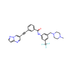 CN1CCN(Cc2cc(NC(=O)c3cccc(C#Cc4cnc5ccnn5c4)c3)cc(C(F)(F)F)c2)CC1 ZINC000095591621