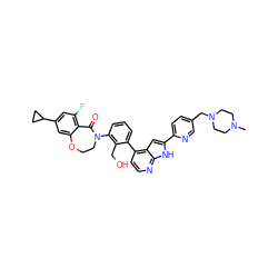 CN1CCN(Cc2ccc(-c3cc4c(-c5cccc(N6CCOc7cc(C8CC8)cc(F)c7C6=O)c5CO)ccnc4[nH]3)nc2)CC1 ZINC000205203824