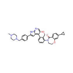 CN1CCN(Cc2ccc(-c3cc4c(-c5cccc(N6CCOc7cc(C8CC8)ccc7C6=O)c5CO)ccnc4[nH]3)cc2)CC1 ZINC000148745939