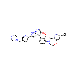 CN1CCN(Cc2ccc(-c3cc4c(-c5cccc(N6CCOc7cc(C8CC8)cnc7C6=O)c5CO)ccnc4[nH]3)nc2)CC1 ZINC000148762861