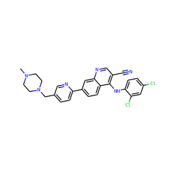 CN1CCN(Cc2ccc(-c3ccc4c(Nc5ccc(Cl)cc5Cl)c(C#N)cnc4c3)nc2)CC1 ZINC000045244922