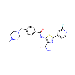 CN1CCN(Cc2ccc(C(=O)Nc3sc(-c4ccnc(F)c4)nc3C(N)=O)cc2)CC1 ZINC000149933471