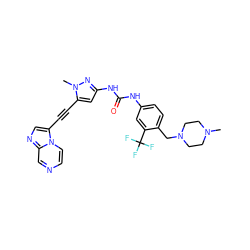 CN1CCN(Cc2ccc(NC(=O)Nc3cc(C#Cc4cnc5cnccn45)n(C)n3)cc2C(F)(F)F)CC1 ZINC000095583238