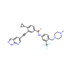 CN1CCN(Cc2ccc(NC(=O)c3ccc(C4CC4)c(C#Cc4cnc5[nH]ncc5c4)c3)cc2C(F)(F)F)CC1 ZINC000095597123