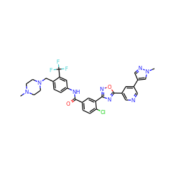 CN1CCN(Cc2ccc(NC(=O)c3ccc(Cl)c(-c4noc(-c5cncc(-c6cnn(C)c6)c5)n4)c3)cc2C(F)(F)F)CC1 ZINC001772593479