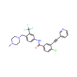 CN1CCN(Cc2ccc(NC(=O)c3ccc(Cl)c(C#Cc4cccnc4)c3)cc2C(F)(F)F)CC1 ZINC001772574354