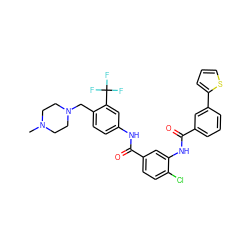 CN1CCN(Cc2ccc(NC(=O)c3ccc(Cl)c(NC(=O)c4cccc(-c5cccs5)c4)c3)cc2C(F)(F)F)CC1 ZINC001772589010