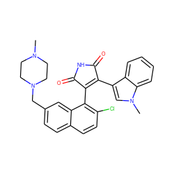 CN1CCN(Cc2ccc3ccc(Cl)c(C4=C(c5cn(C)c6ccccc56)C(=O)NC4=O)c3c2)CC1 ZINC000034663266