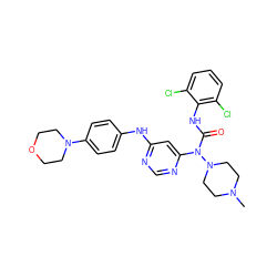 CN1CCN(N(C(=O)Nc2c(Cl)cccc2Cl)c2cc(Nc3ccc(N4CCOCC4)cc3)ncn2)CC1 ZINC000036187646