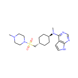 CN1CCN(S(=O)(=O)C[C@H]2CC[C@H](N(C)c3ncnc4[nH]ccc34)CC2)CC1 ZINC000261132368