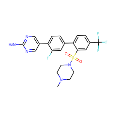 CN1CCN(S(=O)(=O)c2cc(C(F)(F)F)ccc2-c2ccc(-c3cnc(N)nc3)c(F)c2)CC1 ZINC000224739999