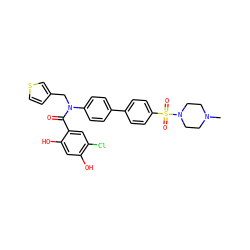 CN1CCN(S(=O)(=O)c2ccc(-c3ccc(N(Cc4ccsc4)C(=O)c4cc(Cl)c(O)cc4O)cc3)cc2)CC1 ZINC000653672887