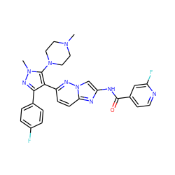 CN1CCN(c2c(-c3ccc4nc(NC(=O)c5ccnc(F)c5)cn4n3)c(-c3ccc(F)cc3)nn2C)CC1 ZINC001772637565