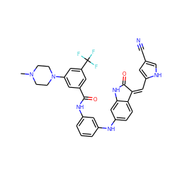 CN1CCN(c2cc(C(=O)Nc3cccc(Nc4ccc5c(c4)NC(=O)/C5=C\c4cc(C#N)c[nH]4)c3)cc(C(F)(F)F)c2)CC1 ZINC000084705509