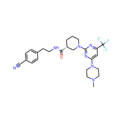 CN1CCN(c2cc(C(F)(F)F)nc(N3CCC[C@@H](C(=O)NCCc4ccc(C#N)cc4)C3)n2)CC1 ZINC000169310227