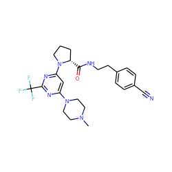 CN1CCN(c2cc(N3CCC[C@@H]3C(=O)NCCc3ccc(C#N)cc3)nc(C(F)(F)F)n2)CC1 ZINC000169310245