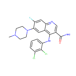 CN1CCN(c2cc3c(Nc4cccc(Cl)c4Cl)c(C(N)=O)cnc3cc2F)CC1 ZINC000040934317