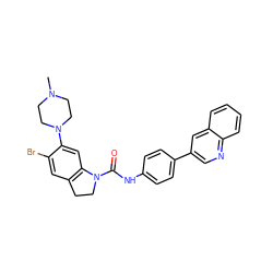 CN1CCN(c2cc3c(cc2Br)CCN3C(=O)Nc2ccc(-c3cnc4ccccc4c3)cc2)CC1 ZINC000049723015