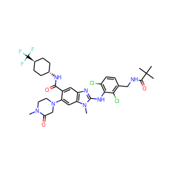 CN1CCN(c2cc3c(cc2C(=O)N[C@H]2CC[C@H](C(F)(F)F)CC2)nc(Nc2c(Cl)ccc(CNC(=O)C(C)(C)C)c2Cl)n3C)CC1=O ZINC000261138351